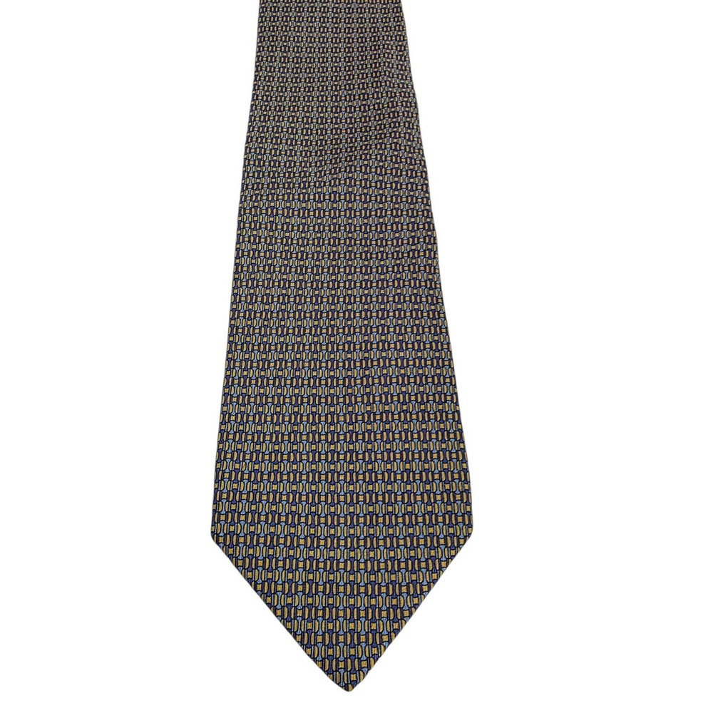 GUCCI Silk Tie Blue Yellow Geometric Pattern Made in Italy Men's Luxury Designer - Picture 7 of 13